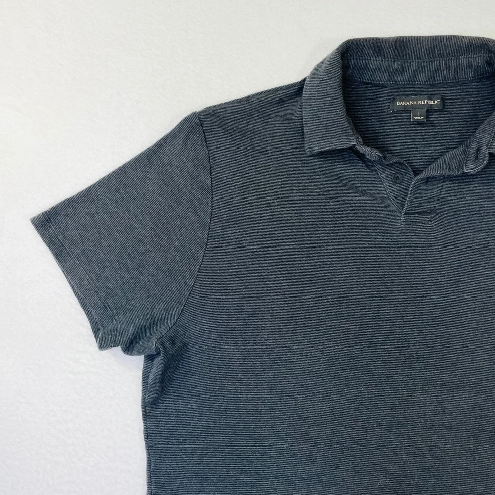 Banana Republic Mens Large Polo Shirt Navy Blue Gray Micro Stripe Short Sleeve